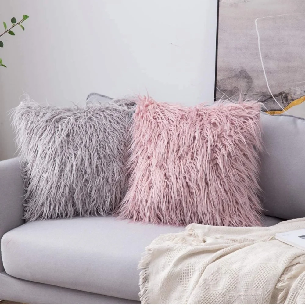 Luxury Home | Elegant Chic Blush Pink Mongolian Faux Fur Throw Pillow Cover